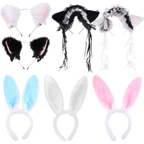 Women Girls Lace Headband Plush Rabbit Cat Ears Ribbon Gothic Lolita Maid Cosplay Props Hair Hoop Headwear Hair Accessories