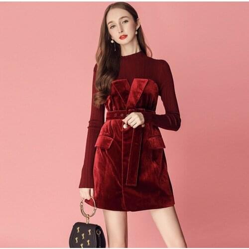 2020 new skirt noble temperament slim fitting fake two pieces of knitted splicing velvet long sleeve dress for women autumn and