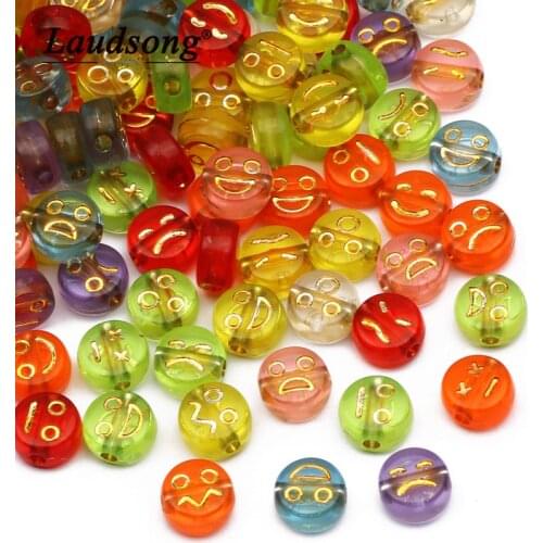 Mixed Transparent Colored Acrylic Beads Emotional Face Flat Round Loose Beads Supplies For Jewelry Making DIY Handmade Bracelets