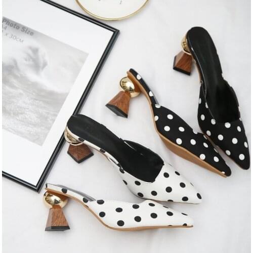 Comemore 2021 Fashion Mules Polka Dot Women High Heels for Women Pointed Toe Slip Flip Flops Women Slippers Summer Women Shoes