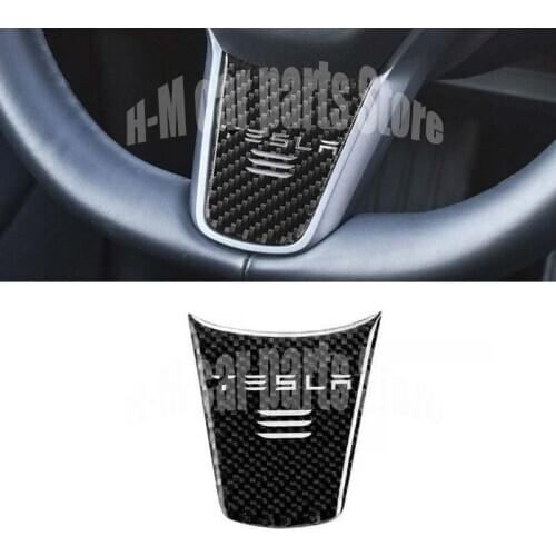 1pc Carbon Fiber Styling Car Steering Wheel Decoration Cover Sporty Modification with Logo Sticker Accessories for Tesla Model 3
