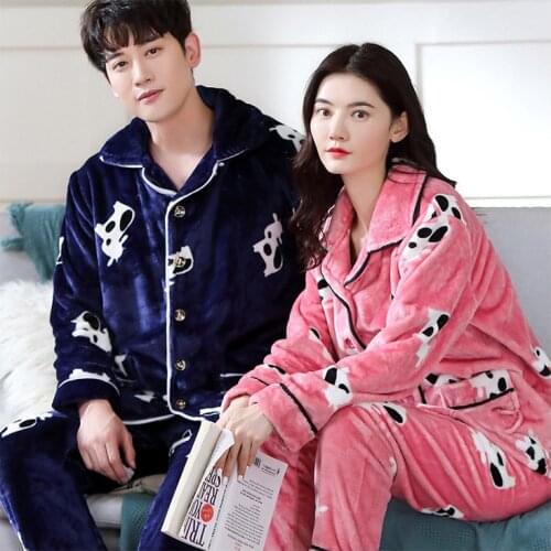 Winter Thicken Flannel Lovers Couple Pajamas Sets Women Sleepwear Cute Cow Printed Cartoon Long Sleeve Pyjamas Home Night Suits