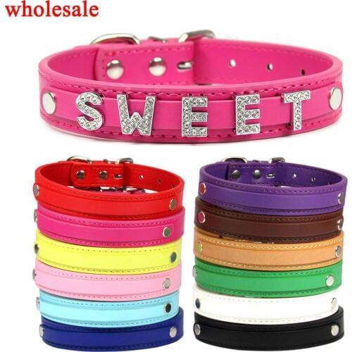 24 PCS Wholesale Plain PU Leather DIY Name ID Dog Collar Custom Letters Charms Puppy Cat Neck Strap Collars for Small Medium Dog