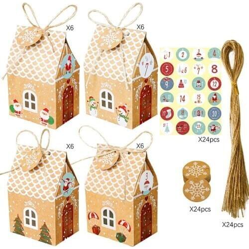 24PCS Christmas House Goodies Bags Christmas Kraft Gift Bags with Tags Merry Christmas Guests Packaging Boxes Party Decor