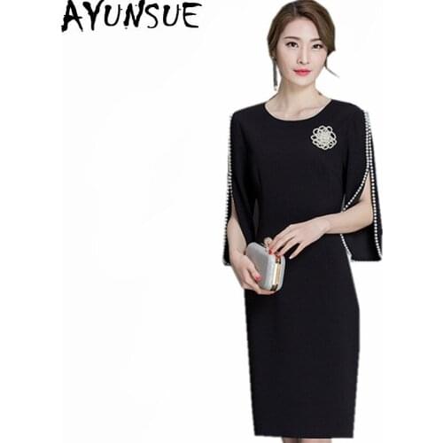 AYUNSUE 2020 Spring Summer OL Black Dress Women Elegant Beading Bodycon Dresses Casual Vestidos Plus Size Women Clothing WXF597