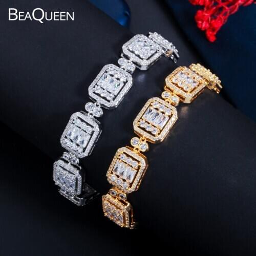 BeaQueen Trendy Square Tennis Gold and Silver Color Cubic Zirconia Paved Charm Bracelet for Women Valentines Day Gift B215
