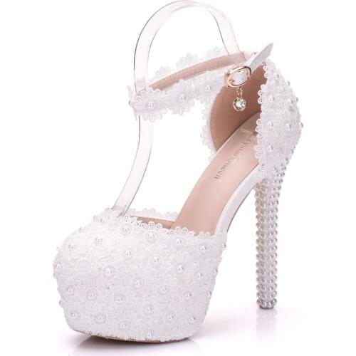 14cm white lace wedding shoes thin heel round head waterproof platform shoes large size white wedding shoes sandals