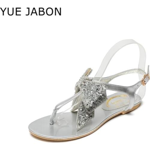 Shiny Crystal Decor Women Flat Sandals Runway Rhinestone Bowknot Peep Toe Casual Flip Flops Gladiator Beach Mules Summer Shoes