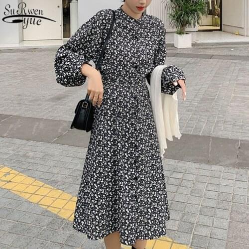 Flower Middle-length Dress Womens Long Sleeve Dress Chiffon Dress Vintage Plus Size Long Dresses A Line Party Dress 13198