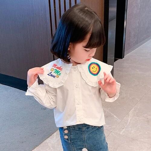 Kids Girl Rainbow Smile Face White Long Sleeve Blouse Spring Autumn Cotton Turn Down Collar School Shirts Toddler Clothes 1-7Yrs