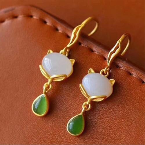 Natural Hetian white jade fox Earrings Chinese style retro palace elegant ladies Christmas Halloween Gift Silver Jewelry