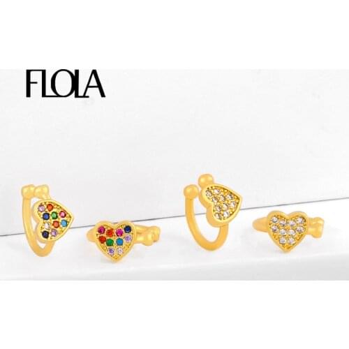 FLOLA CZ Gold Heart Earrings For Women Small Clips On Earrings Without Piercing Cute Ear Cuffs Zircon Rainbow Jewelry erss50