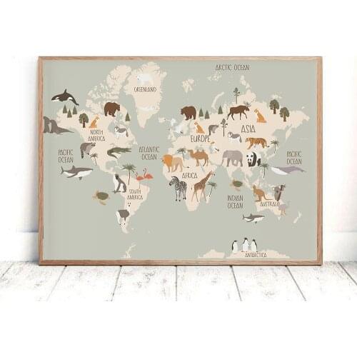 Animal World Map Nursery Wall Art Canvas Painting Scandinavian Posters and Prints Cute Cartoon Animals Pictures Kids Room Decor
