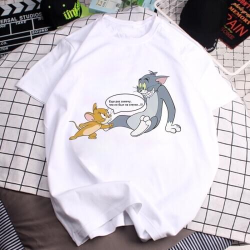 2021 New Women T-Shirt Fun Cute Cartoon Cat Tom Mouse Jerry Print Harajuku O-neck Short Sleeve Shirt Harajuku Female Tee Clothes