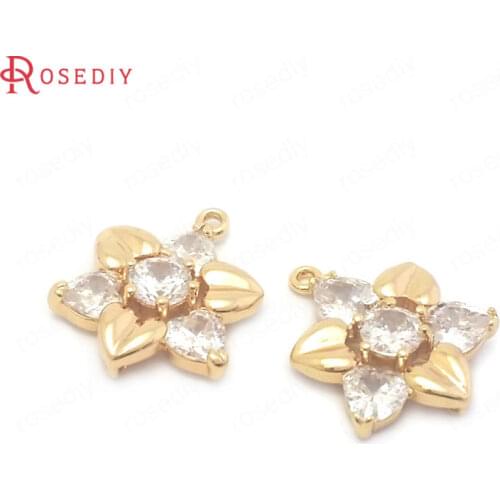 38466-G)6PCS 12x15.5MM 24K Gold Color Brass and Zircon Camellia Flower Charms Pendants Jewelry Making Supplies Diy Findings