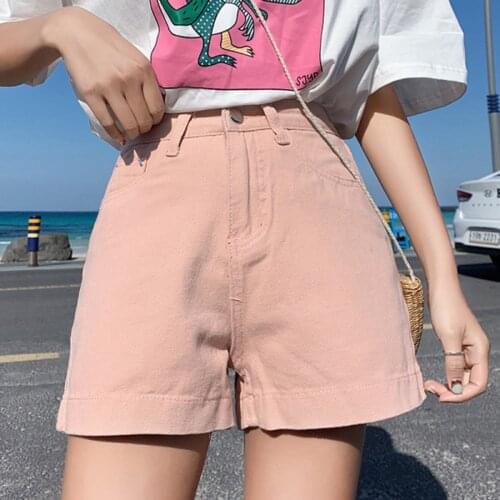 Casual High Waist Straight Jeans Shorts Summer Pockets Loose Female Pink Denim Shorts Ladies High Street Bottoms Women 2021