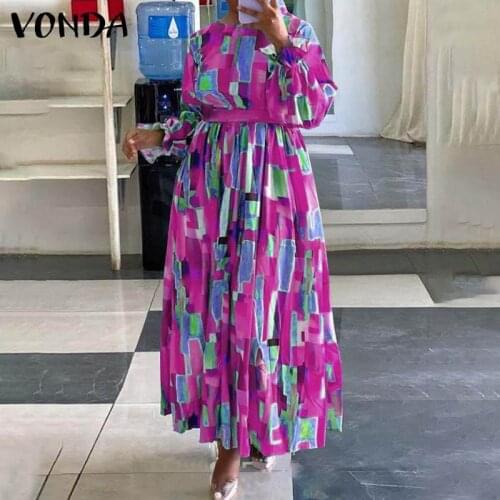 Holiday Maxi Dress 2021 VONDA Women Vintage Print Long Maxi Dress Beach Office Belt Pleated Long Sleeve Party Vestido