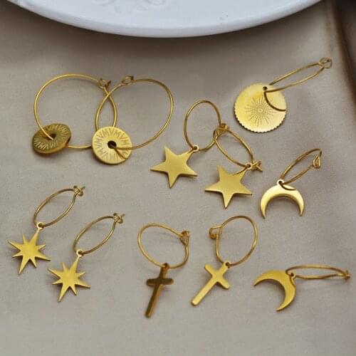 Simple Stainless Steel Geometric Hoop Earrings For Women Star Moon Cross Round Shape Huggie Thin Circles Women Earrings