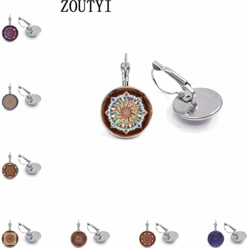 New/manual mandala yoga chakra art pattern earrings, convex glass inlay earrings