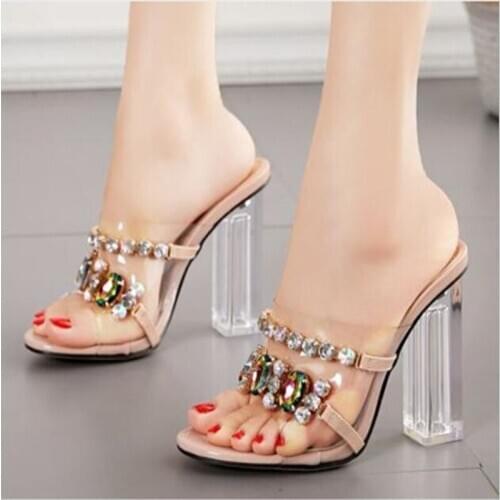 Summer Fashion Crystal Diamond Slides Clear PVC Transparent Slippers Women Shoes Peep Toe High Heels Mules Dress Pumps