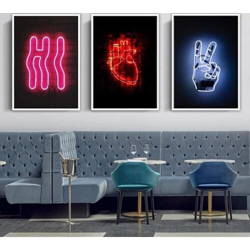 Modern Decoration Painting Neon Art Victory Heart Hi Canvas Posters and Prints Picture for Home Wall Decor Bar Mural Cuadros