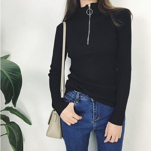 Girl Zipper Sweater Women Turtleneck Solid spring autumn female Knitted sweater Pullovers long Sleeve chic Soft Jumper top