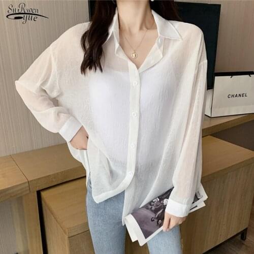 Loose Outer Wear All-match Sunscreen Shirt Womens Thin Summer Elegant Casual Shirt Womens Solid Sweet Long-sleeved Shirt 16170