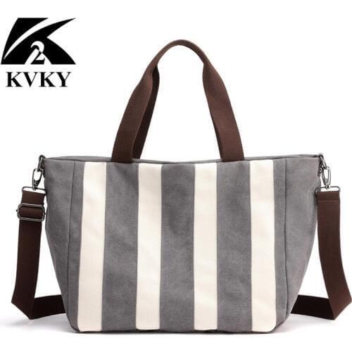 KVKY Retro Women Canvas Totes Bag Handbag Fashion Stripes Fabric Handbags Ladies Large Shoulder Bag Casual Bolsa Shopping Bags