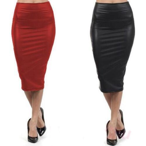 PU Leather Skirts Sexy Women Bandage High Waist Pencil Skirts Office Lady Faux Leather Harajuku Long Skirt Plus Size Midi Autumn