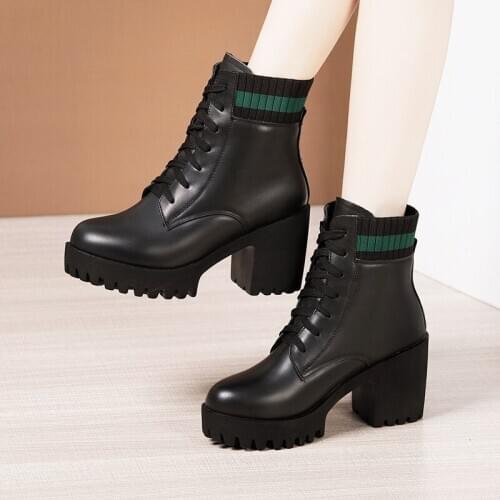 Platform Warm Shoes Women Winter 2020 Lace Up High Heels Motorcycle Boots Ladies Fur Ankle Boots Leather Plus Size Botas Mujer