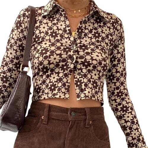 Women’s Casual Long Sleeve Cardigan Fashion Dots Flower Print Single-breasted Exposed Navel T-shirt New Fashion 2021