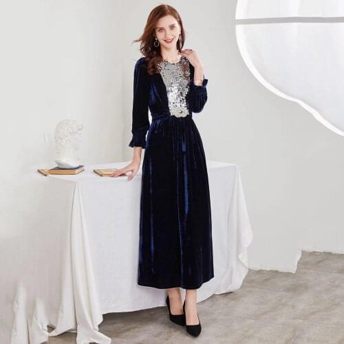 2021 Womens Spring And Autumn Arab Muslim Stretch Velvet Waist Slimming Slim Sequined Velvet Stitching Dress Abaya Kimono