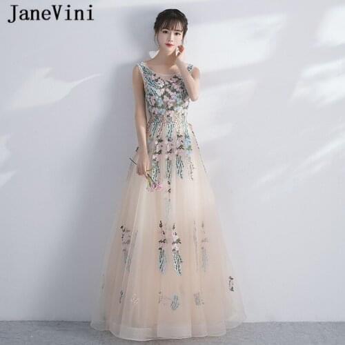 JaneVini Champagne Vintage Embroidery Tulle Prom Dresses Long 2019 Scoop Neck Sleeveless A Line Floor Length Women Party Gowns