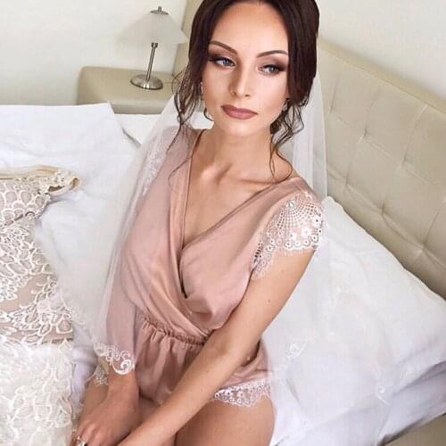 2021 Pink Sleeveless Lace Sleepwear Satin Women Playsuits Spaghetti Strap Sexy V Neck Silk Bodysuits Summer New Casual Onesies