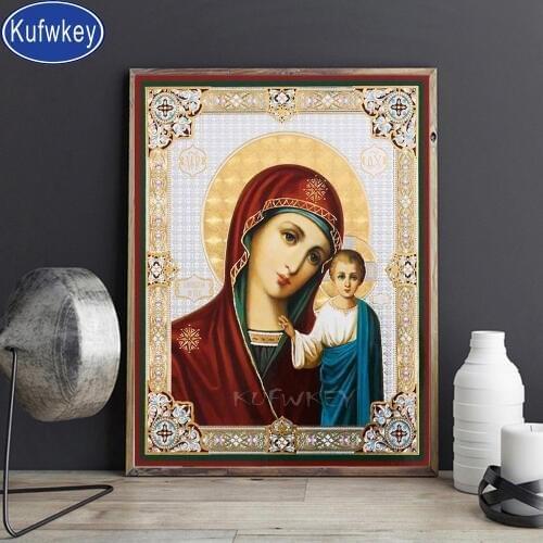 5d full square round diamond painting Virgin and Child of Kazan Orthodox Christian Icon mosaic set diamond embroidery sale