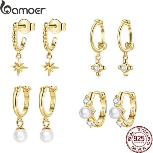 Bamoer Gold Hoop Earrings 925 Sterling Silver Star Zircon Ear Buckles Cross Drop Earrings Shell Pearl Earrings for Women Gift