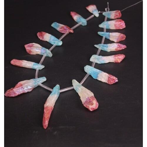 15.5"/strand Red White Blue Titanium Large Raw Crystal Quartz Top Drilled Point Beads,Gradient Color Cut Rough Stick Pendants