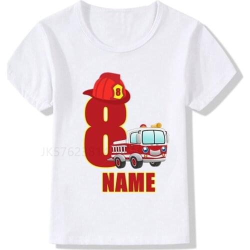 2021 Boys/Girls Cool Firefighter Car Birthday Numbers T-Shirt Children Boys Happy Birthday T Shirt White T-Shirt Baby Girls Top