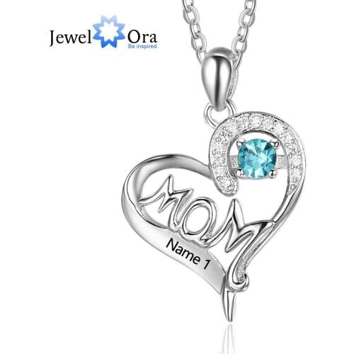 Personalized 925 Sterling Silver Birthstone Necklace with Mom Shape Love and Heart Jewelry Best Gift for Mom JewelOra NE101895