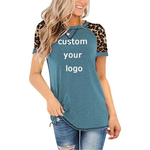 Custom Logo Spring and Summer New Womens Top T-Shirt Leopard Print Stitching Round Neck Short-Sleeved T-Shirt