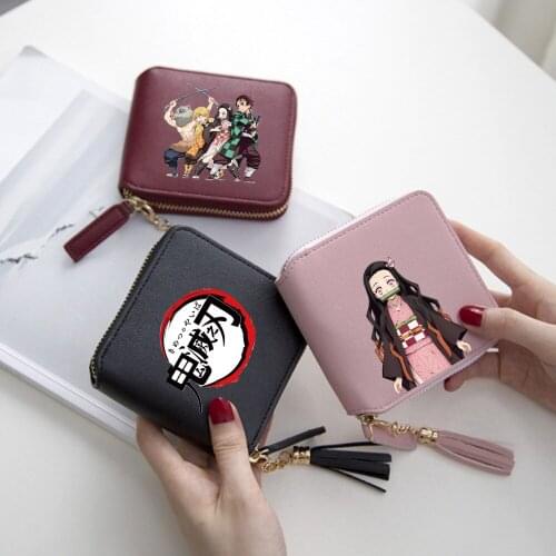 Anime Demon Slayer Tanjirou Nezuko cartoon zipper coin purse Pu leather tassel short square wallet Ladies multi-card wallet