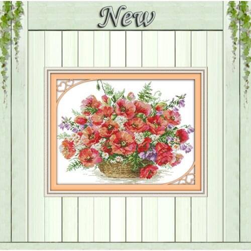 Colorful Poppy basket,pattern printed on the cloth DMC 11CT 14CT Cross Stitch kit,needlework DIY Set embroider,Beautiful Flowers