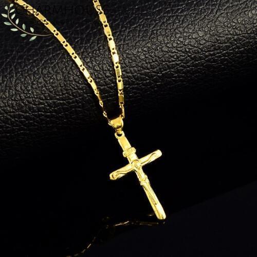 Charmhouse Yellow Gold GP Necklaces For Women Jesus Cross Pendant & Necklace Waterwave Chain Collier 18 inch Wedding Jewelry