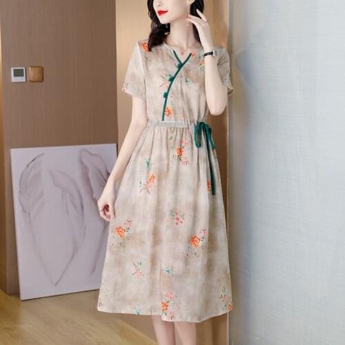 2021 Casual Elegant Cotton Linen Print Beach Midi Dresses Summer Vintage Boho Loose Floral Sundress Women Bodycon Party Vestidos