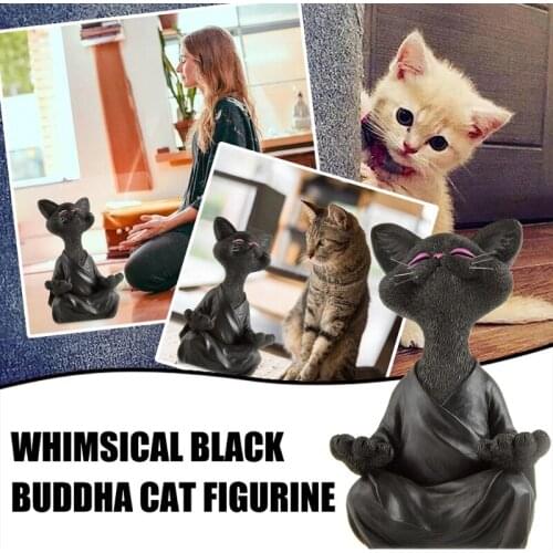 Whimsical Smiling Black Cat Figurine Meditation Yoga Happy Kitten Collection Art Sculptures Garden Statues Decoration