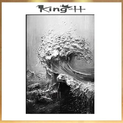 Hand-painted abstract oil painting Black ＆ white Sea Waves Mural Thick texture Canvas paintings Villa living room Entrance Art