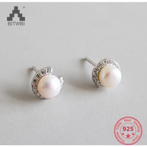 Classic Clear AAAA Zircon Circle 925 Sterling Silver Stud Earrings White Natural Pearl Brincos for Women Girl Party Gift