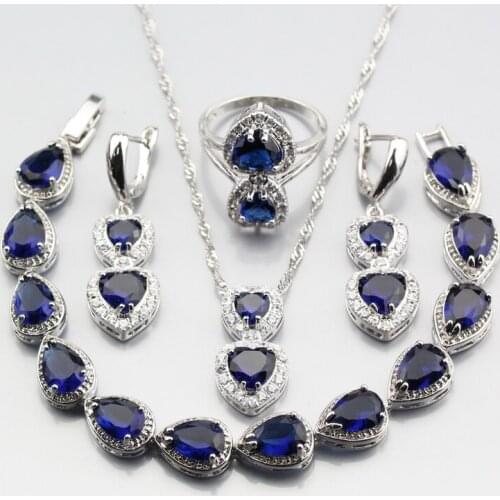 Dazzling Blue Zircon 4PCS Ring Size 6# 7# 8# 9# 10# Silver Color Color Water Drop Jewelry Sets Free Gift Box W337