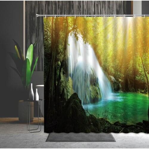 Shower Curtain Set Natural Scenery Forest Sunlight Waterfall Waterproof Bathroom Wall Hanging Curtain With Hooks