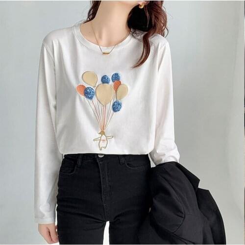Pink O-Neck T Shirt Womens Cotton Long Sleeve Tshirt Spring Autumn Loose Embroidery Tops Women 2021 Korean Style Tee Shirt Femme